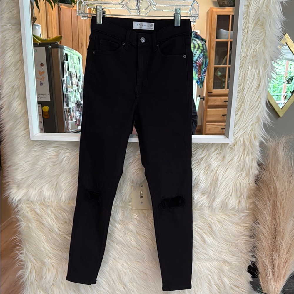 Topshop Jamie Petite Black High Waisted Skinny Jeans Distressed Knee W25